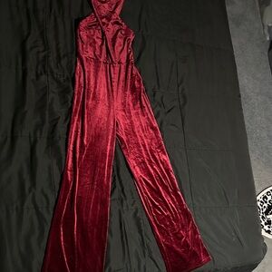 Lulu's Burgundy Velvet Hooded Jumpsuit